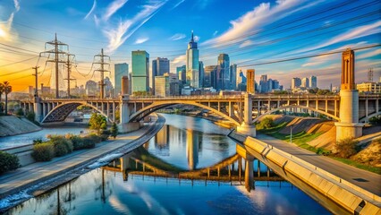 Scenic view of Los Angeles River bridge with urban skyline and blue sky in the background