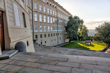 Naklejka premium Prague, Czech Republic - July 16, 2024: The public walkway and stairs leading to the peak of the hill surrounding the Prague Castle in the Czech Republic 