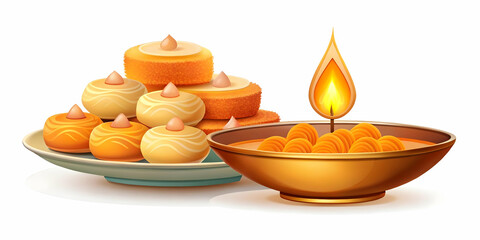 Modern Abstract Vector of Bhai Dooj Sweets and Diya - Festive Minimalist Design, Traditional Meets Contemporary Style, Focused on Diya Glow