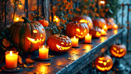 Fototapeta premium Illuminated Jack O Lanterns with Candles for Halloween Decor