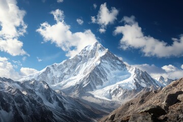 Breathtaking View of a Snow-Capped Mountain Range Under a Clear Blue Sky with Fluffy Clouds