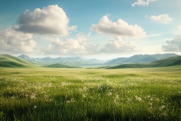 Fototapeta premium Breathtaking panoramic view of lush green fields and majestic hills under a tranquil sky.