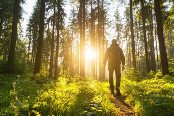 Embracing Nature's Serenity: A Walker Journeying Through a Sunlit Forest Trail of Tranquility