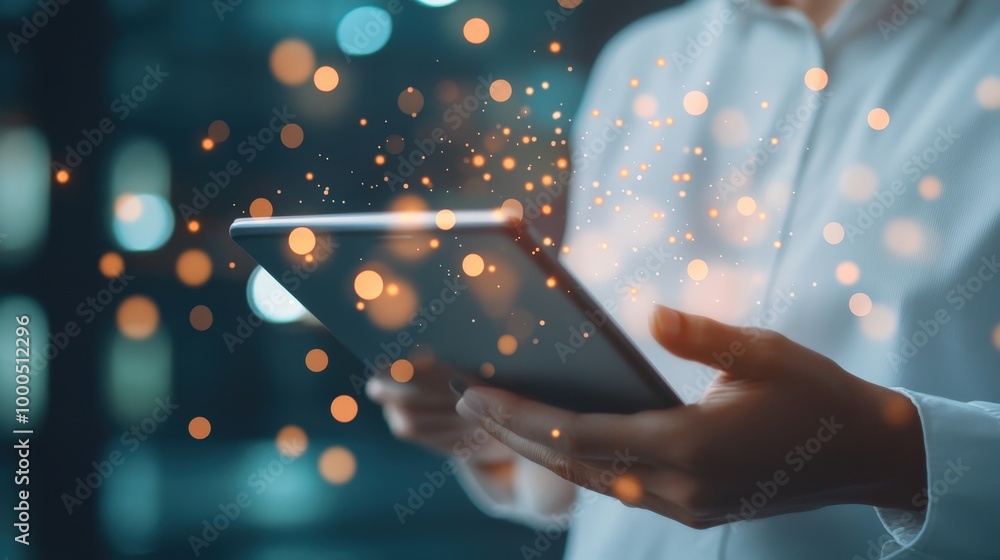 Poster modern tablet use with blurred lights background