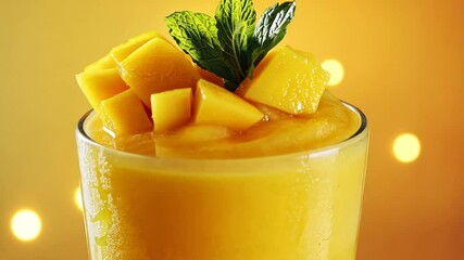 A refreshing mango smoothie topped with fresh fruit and a sprig of mint