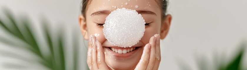 Fototapeta premium Close-up of a smiling young girl using a facial exfoliator in her skincare routine