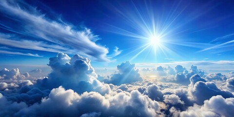 Serene Blue Sky with Fluffy White Clouds and Sunlight Illuminating the Atmosphere Above Us