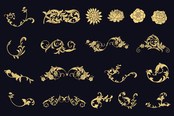 Set of Golden Baroque engraved ornamental, Damask, gold rose, lotus, Victorian floral borders, corner, decorative frame elements. Art Deco Vector illustration for wedding invitation and greeting card