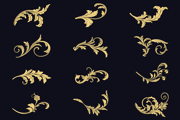Set luxury gold baroque victorian filigree, scroll floral pattern elements, engraving decorative calligraphic ornamental vector illustration