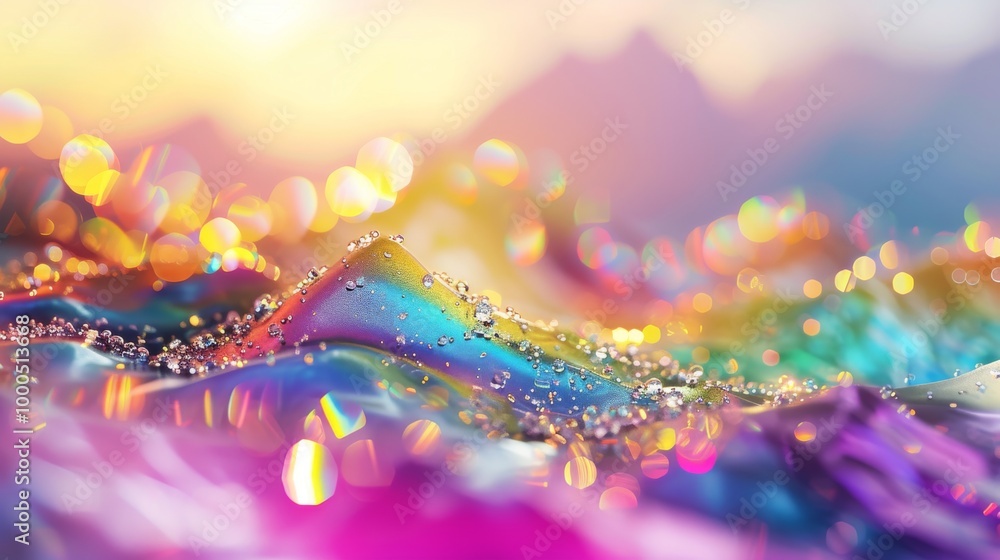 Poster a colorful abstract landscape with rainbow hues and shimmering details. the vibrant colors and light