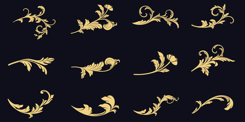 Obraz premium Set of golden baroque decorative ornaments, luxury gold filigree elements, vector illustration