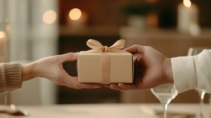 Two hands exchanging a wrapped gift box with a ribbon in a warm, candlelit setting, symbolizing generosity and celebration