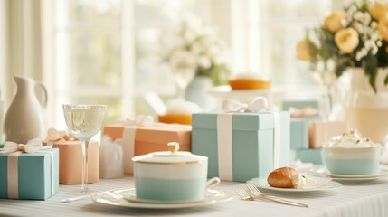 Fototapeta premium A tea party table setting with elegant pastel-colored gift boxes, fine china, and soft decorations in a bright, serene environment