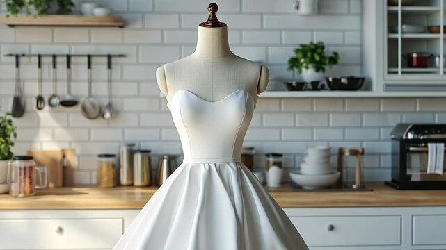 A white strapless dress is displayed on a mannequin in a kitchen setting