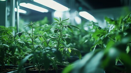 Obraz premium Cannabis plants under LED grow lights in an indoor cultivation setup