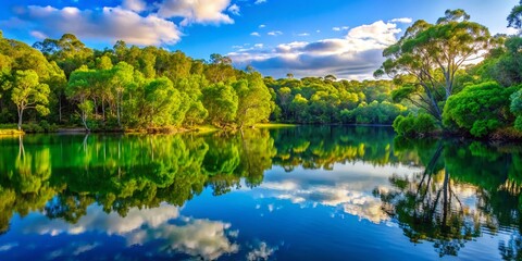 Obraz premium Serene Landscape of Coombabah Lake Conservation Park with Lush Vegetation and Reflective Waters