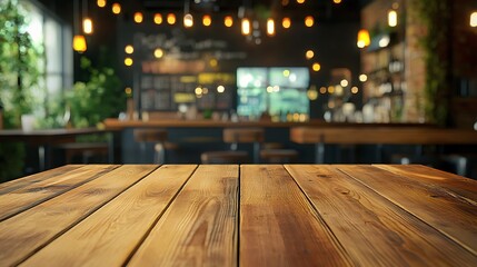 Wooden table in a coffee shop with blurred background.