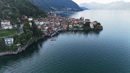 Morning aerial view of the town of Varenna in Lake Como Italy