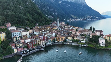 Morning aerial view of the town of Varenna in Lake Como Italy