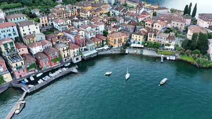 Morning aerial view of the town of Varenna in Lake Como Italy