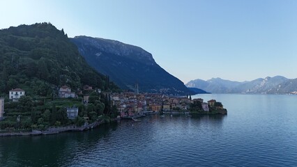 Morning aerial view of the town of Varenna in Lake Como Italy