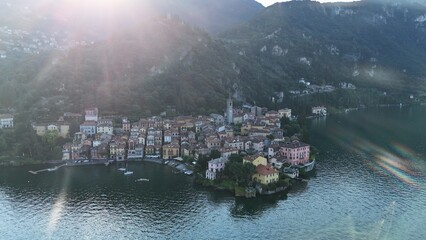 Morning aerial view of the town of Varenna in Lake Como Italy