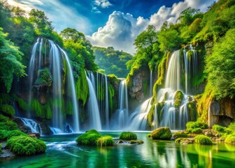 Serene Waterfalls Wallpaper: Cascading Water Flowing Down Lush Green Cliffs Surrounded by Nature