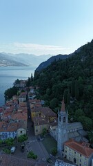 Morning aerial view of the town of Varenna in Lake Como Italy