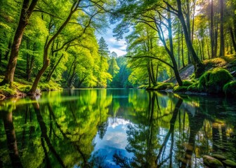 Fototapeta premium Serene Water Forest Reflections with Lush Greenery and Tranquil Waters Under Soft Morning Light