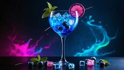 Three martini glasses, one with olives, one with a cherry, and one with olives and lime, set against a white background, featuring vibrant colors and splashes of liquid