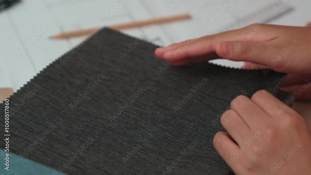 Poster slow motion hand closeup architect and interior designer presenting textile material and color from 
