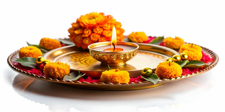 Floating Diya and Bhai Dooj Plate Concept: Celebratory Bhai Dooj Diya on Ceremonial Plate Isolated on White Background - Festive Glowing Decor with Circular Camera Motion