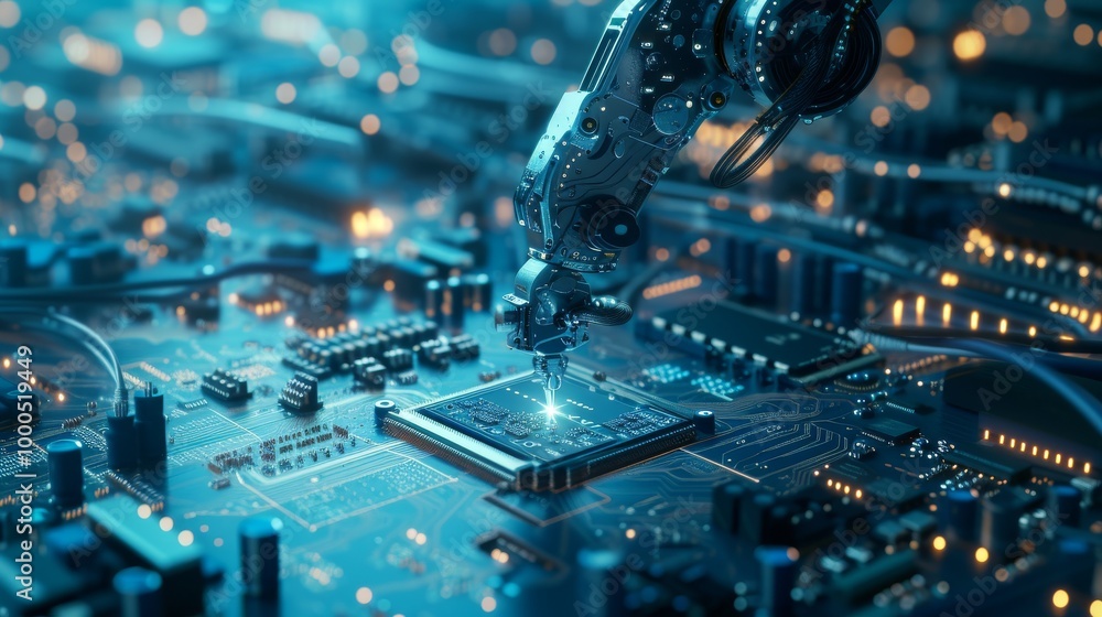 Poster a robotic arm welding circuits onto a board in a futuristic laboratory. illuminated in cool blue lig