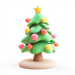 Minimalistic green pine tree figurine on a white background, creating a modern holiday aesthetic.