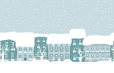 Winter Town. Snow-covered Houses. Christmas Background. Seamless Border. Winter Landscape. Blue Houses, Trees, Snow. Hand Drawing Vector Illustration