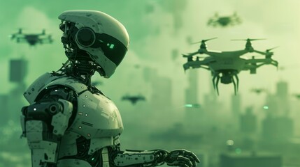 A cybernetic robot stands with drones flying overhead, surveying a futuristic city. The scene captures the rise of AI technology, drone patrols, and cybernetic advancements in a sci-fi setting.