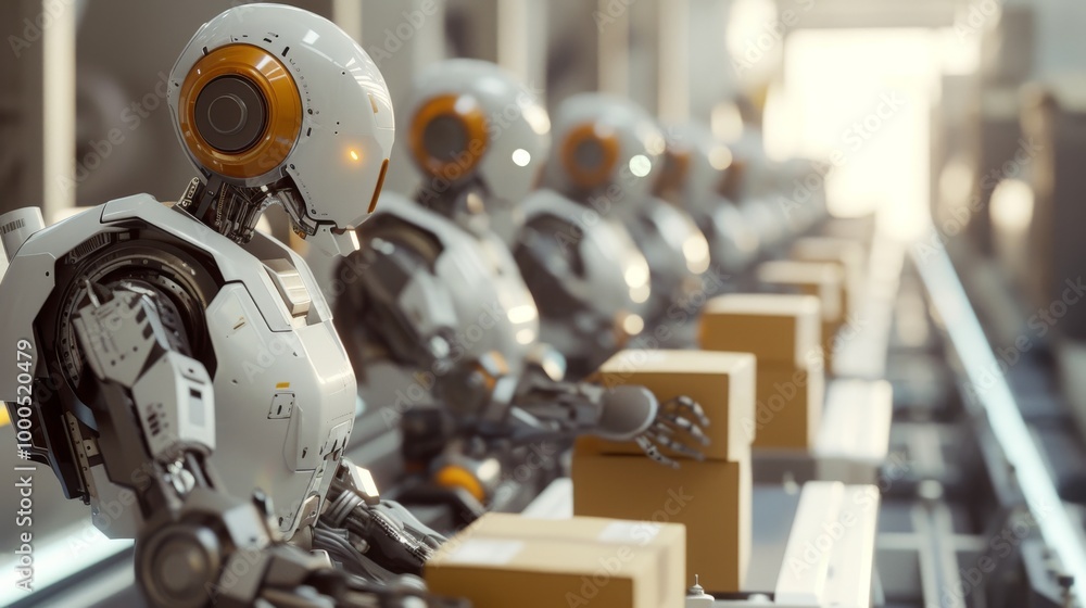 Poster multiple humanoid robots efficiently sort and handle boxes on an assembly line in a futuristic wareh