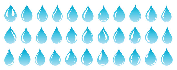 Waterdrop vector icon set with blue gradient on transparent background. Rain drip liquid logo. Droplet sign. Tear and oil isolated symbol. Simple blue splash mark. Fresh World water day design