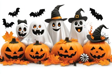 Fun Halloween scene featuring various carved pumpkins ghosts and bats in a cartoon style creating a cheerful yet spooky atmosphere perfect for Halloween celebrations