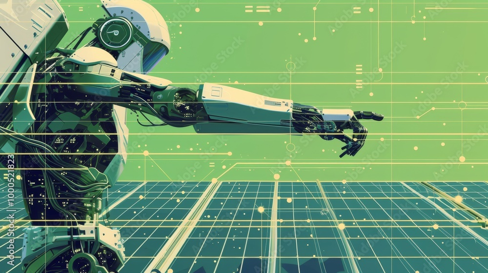 Poster a humanoid robot points at a set of solar panels, demonstrating the integration of artificial intell