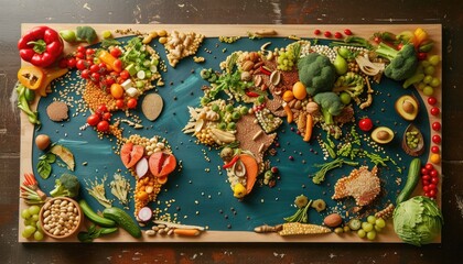 Colorful world map made of various foods, creative culinary art representation of global cuisine diversity