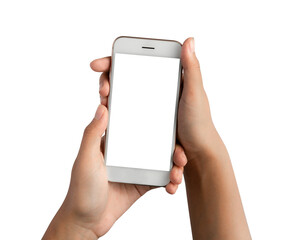 hand holding phone with transparent screen isolated on white