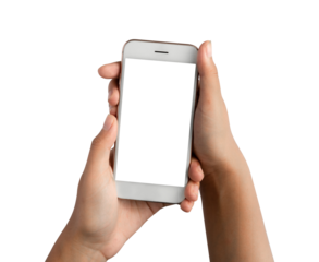 hand holding phone with transparent screen isolated on white