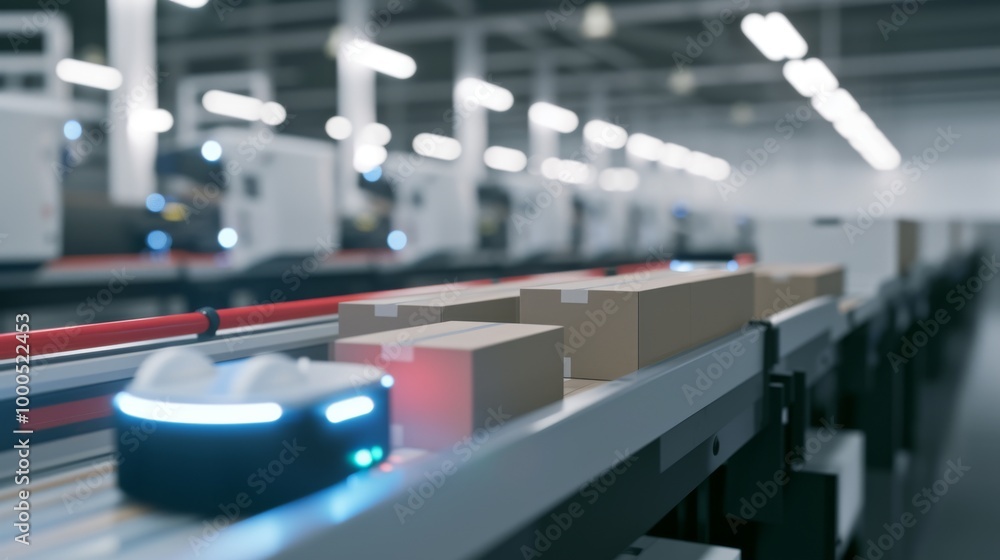 Aufkleber a futuristic conveyor system in a high-tech factory, where packages move alongside autonomous robots