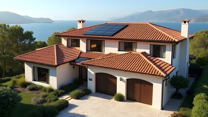 Traditional Home with Solar Panels on Terracotta Roof and Ocean View