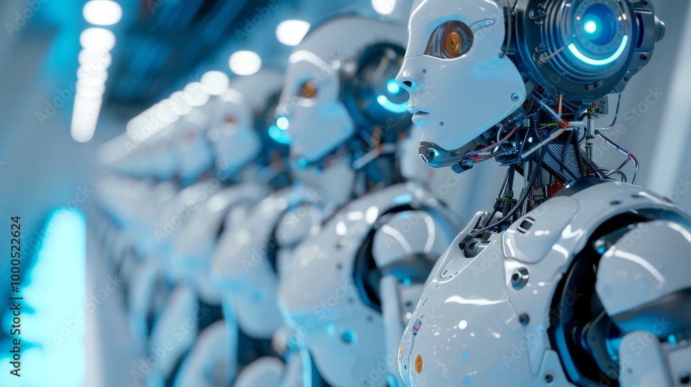 Poster a row of sleek, white humanoid robots stand in perfect alignment, each with intricate machinery and 