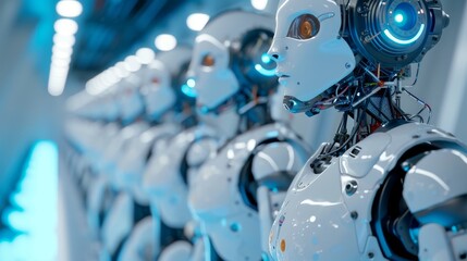 Fototapeta premium A row of sleek, white humanoid robots stand in perfect alignment, each with intricate machinery and glowing blue accents, symbolizing advanced AI development in a futuristic manufacturing setting.