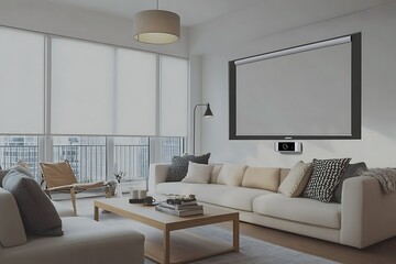 Modern living room with a projector screen setup.