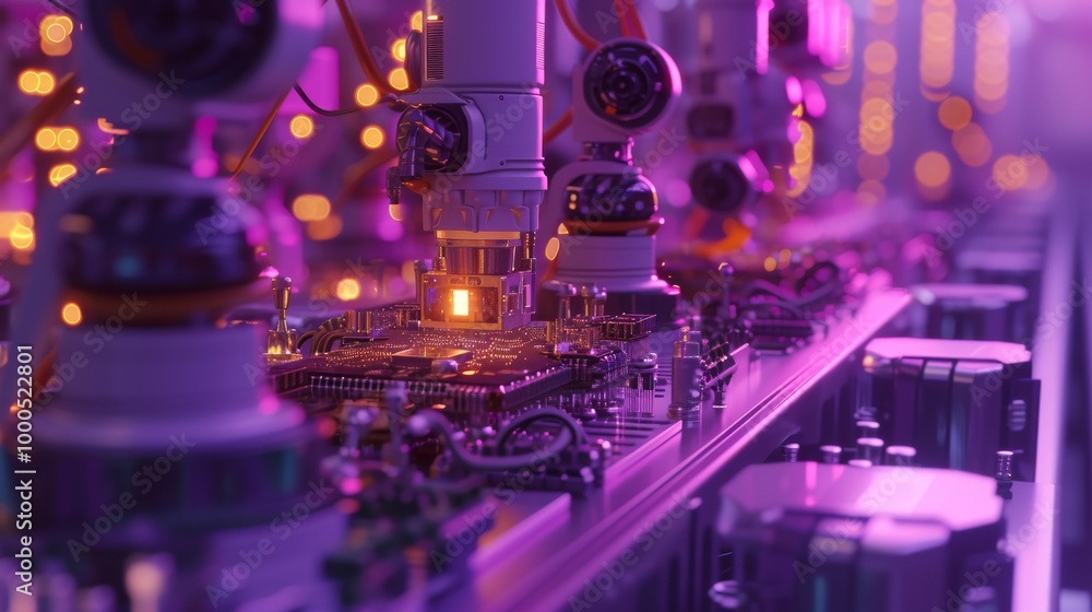 Poster a futuristic factory scene with robotic arms assembling microchips on a high-tech production line. t