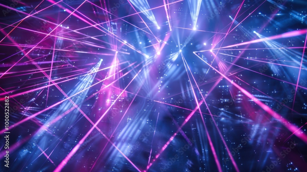 Poster multiple laser beams crossing in mid-air, creating a complex and energetic pattern on a dark backgro